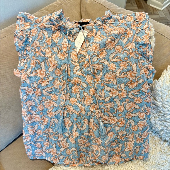 AQUA NWT Blue Peach Floral Boho Cap Sleeve Peasant Blouse w/Tassels Tie Kneck L - Picture 2 of 6